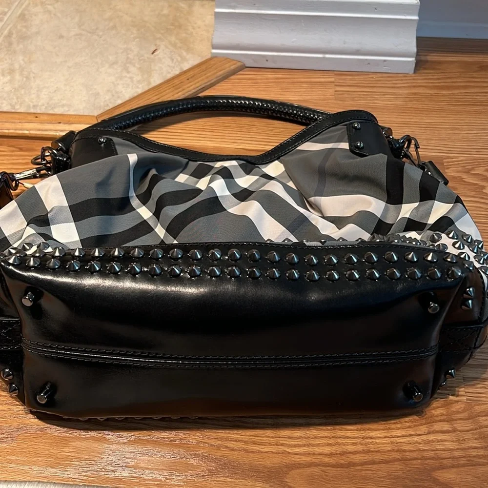 BURBERRY Beat Check Nylon Studded Hobo Bag